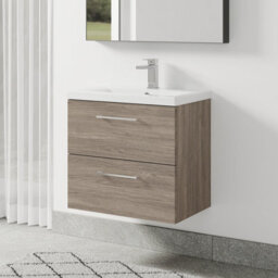 Balterley Bramshall Modern Bathroom Wall Hung 2 Soft Close Drawer Vanity Unit & Mid-Edge Basin, Solace Oak, 610mm - thumbnail 4