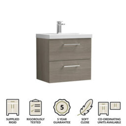 Balterley Bramshall Modern Bathroom Wall Hung 2 Soft Close Drawer Vanity Unit & Mid-Edge Basin, Solace Oak, 610mm - thumbnail 6
