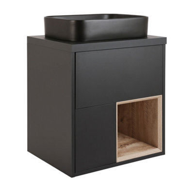 Homestylestore Black Grey 594mm Led Lit Wall Hung Bathroom Vanity Unit Rectangular Countertop Graphite Basin Open Shelf - image 1