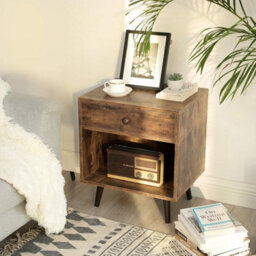 Songmics Nightstand With Drawer And Open Compartment, Small Bedside Table, For Living Room Bedroom, Rustic Brown - thumbnail 1