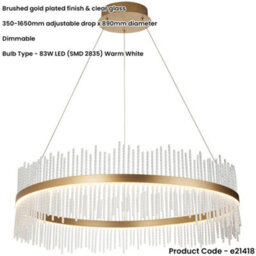 Loops Hanging Ceiling Pendant Light - Brushed Gold Plated Finish & Clear Glass - 83W Led (Smd 2835) Warm White - thumbnail 2