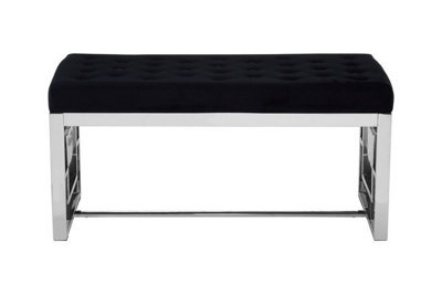 Orsina Black Velvet Tufted Bench With Silver Stainless Steel Frame, Contemporary Button Tufted Accent Bench - image 1