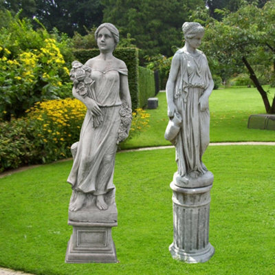Large Female Statues Rose Lady And Girl With Jug On Pedestals - image 1