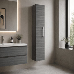 Balterley Bramshall Modern Bathroom 1 Soft Close Door Wall Hung Tall Storage Unit, Anthracite Woodgrain With Handle, 300 mm - thumbnail 4