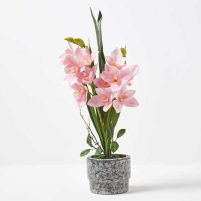 Homescapes Artificial Pink Cymbidium Orchid Plant In Cement Pot, 2 Stems, 58 Cm Realistic Indoor Artificial Flower - image 1