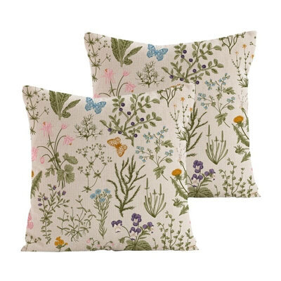 Cushion Cover 45X45 Cm Set Of 2 Decorative Cushion Covers Wild Flower Plant Pattern Sage Green