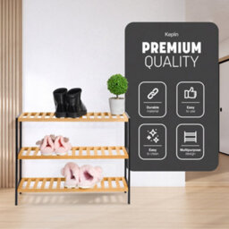 Keplin 3 Tier Natural Bamboo Shoe Rack 55X70X55 Cm, Easy Assembly & Strong Design Shelf Organiser, Natural Wooden & Black - thumbnail 3