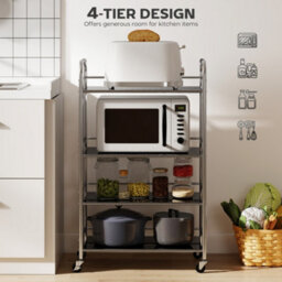 Homcom 4 Tier Kitchen Trolley On Wheels Serving Cart With Handles Silver - thumbnail 4