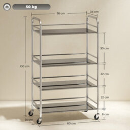 Homcom 4 Tier Kitchen Trolley On Wheels Serving Cart With Handles Silver - thumbnail 3