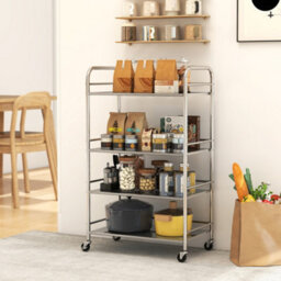 Homcom 4 Tier Kitchen Trolley On Wheels Serving Cart With Handles Silver - thumbnail 1