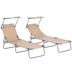 Outsunny Folding Sun Lounger Set Of 2 W/ Sunshade Adjustable Backrest Sand - thumbnail 2