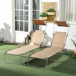 Outsunny Folding Sun Lounger Set Of 2 W/ Sunshade Adjustable Backrest Sand - thumbnail 1