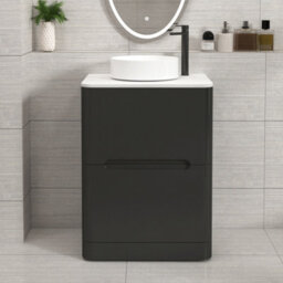 Royal Bathrooms Venice 600mm Matt Nocturne Black Freestanding Vanity Unit 2 Drawer Carrara White Undrilled Worktop & Without Basin - thumbnail 1