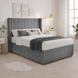 Luxury Grey Plush Milan Super King Size Bed Frame With Mattress 54 Inches Wingback Headboard 2 Footend Storage Drawers - thumbnail 3