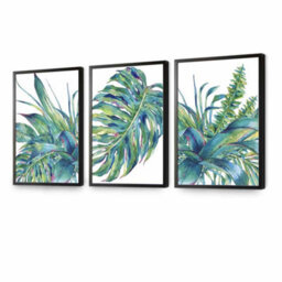 Artze Wall Art Set Of 3 Watercolour Green Blue Tropical Leaves Wall Art Prints / 42X59Cm (A2) / Black Frame