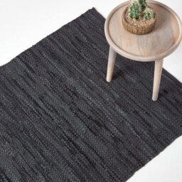 Homescapes Denver Leather Woven Rug Black, 90 X 150 Cm - thumbnail 1
