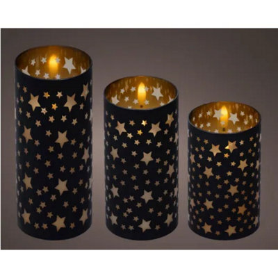Kaemingk Led Black Wick Candle Glass Cylinder Star Design Steady Indoor Decoration