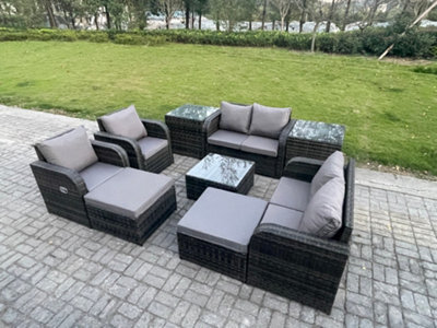Fimous Garden Furniture Set Rattan Outdoor Lounge Sofa Chair With Tempered Glass Table 2 Big Footstool 2 Side Tables - image 1