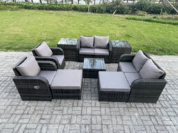 Fimous Garden Furniture Set Rattan Outdoor Lounge Sofa Chair With Tempered Glass Table 2 Big Footstool 2 Side Tables - thumbnail 2