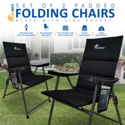 Sunmer Set Of 2 Padded Folding Garden Chairs With Side Pocket - Black - thumbnail 2