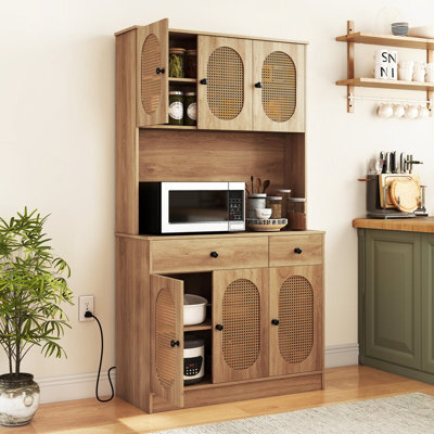 Costway 180 Cm Pantry Cabinet Kitchen Buffet Cupboard With Charging Station & Rattan Doors - image 1