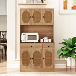 Costway 180 Cm Pantry Cabinet Kitchen Buffet Cupboard With Charging Station & Rattan Doors - thumbnail 4
