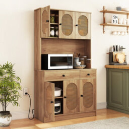 Costway 180 Cm Pantry Cabinet Kitchen Buffet Cupboard With Charging Station & Rattan Doors - thumbnail 1