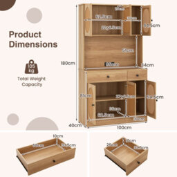 Costway 180 Cm Pantry Cabinet Kitchen Buffet Cupboard With Charging Station & Rattan Doors - thumbnail 2