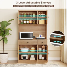 Costway 180 Cm Pantry Cabinet Kitchen Buffet Cupboard With Charging Station & Rattan Doors - thumbnail 8