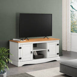 Mercers Furniture Corona White 2 Door Media Tv Stand 1 Shelf Entertainment Unit Cabinet Solid Wood Pine Wooden Mexican Styling