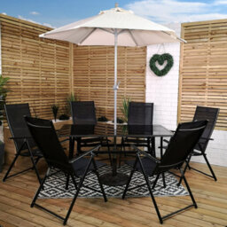 Samuel Alexander Outdoor 6 Person Rectangular Glass Top Garden Dining Table Chairs With Beige Parasol And Base Set