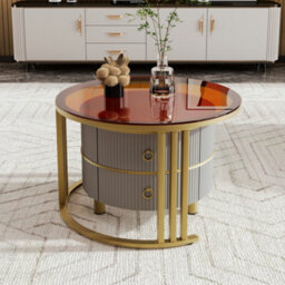 Btm 2-In-1 Round Mdf Coffee Table With High-Gloss & Brown Tempered Glass, Living Room Coffee Table Set With 2 Drawers - thumbnail 4