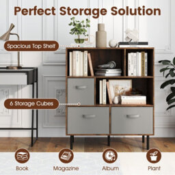Costway 6-Cube Bookshelf 3-Tier Bookcase With 3 Removable Folding Fabric Drawers-Brown - thumbnail 6