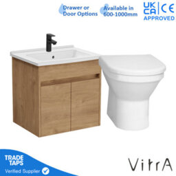 Vitra 600mm Wall Hung Bathroom Vanity Unit With 2 Doors Includes Basin, Black Tap And Back To Wall Toilet - Golden Oak - thumbnail 1