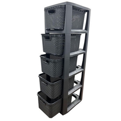 Storm Trading Group Grey 5 Drawer Stylish Rattan Effect Storage Tower Commode Baskets For Home & Office - image 1