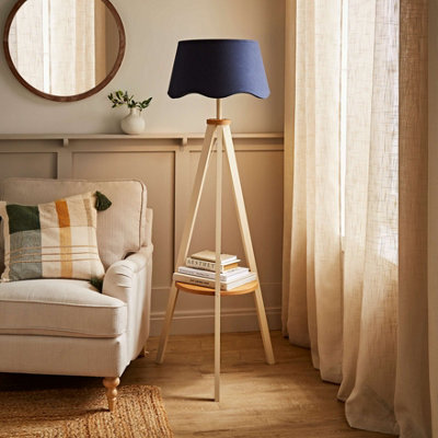ValueLights Morrigan Cream Wood Shelf Floor Lamp With Navy Scallop Shade - image 1