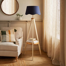 ValueLights Morrigan Cream Wood Shelf Floor Lamp With Navy Scallop Shade