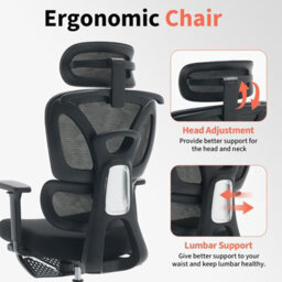 London Boutique Ergonomic Mesh Office Chair, Adjustable Headrest And Lumbar Support, Footrest, Reclining Swivel Desk Chair, Black - thumbnail 7