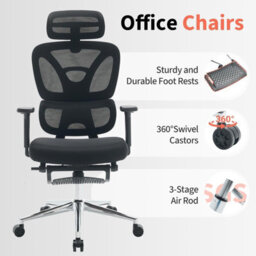 London Boutique Ergonomic Mesh Office Chair, Adjustable Headrest And Lumbar Support, Footrest, Reclining Swivel Desk Chair, Black - thumbnail 5