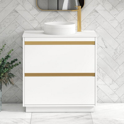 Royal Bathrooms Orion 800mm Matt White Floor Standing Plain White Countertop Vanity Unit 2 Drawer With Round Basin & Brushed Brass Accent Trim - image 1