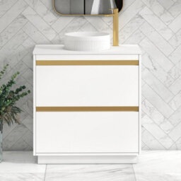 Royal Bathrooms Orion 800mm Matt White Floor Standing Plain White Countertop Vanity Unit 2 Drawer With Round Basin & Brushed Brass Accent Trim - thumbnail 1
