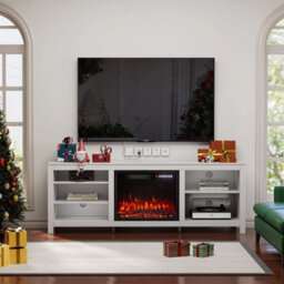 70''tv Stand Cabinet Unit Table W/ Electric Fireplace Insert Media Fire Log Heat White