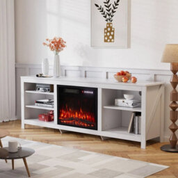 70''tv Stand Cabinet Unit Table W/ Electric Fireplace Insert Media Fire Log Heat White - thumbnail 5