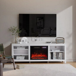 70''tv Stand Cabinet Unit Table W/ Electric Fireplace Insert Media Fire Log Heat White - thumbnail 4