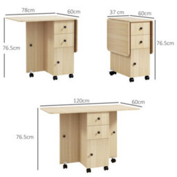 Homcom Folding Dining Table For 4-6 Drop Leaf Table On Wheels Natural Wood - thumbnail 3