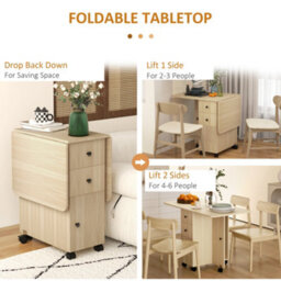 Homcom Folding Dining Table For 4-6 Drop Leaf Table On Wheels Natural Wood - thumbnail 5