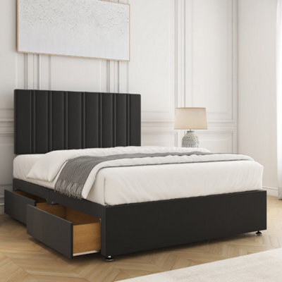 Bsspoke Sienna Divan Bed Set Black Plush Velvet 24Inch Headboard 2 Drawers Same Side & Mattress In 3Ft 4Ft 4Ft6 5Ft 6Ft - image 1