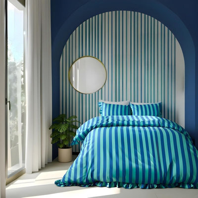Ohs Frill Duvet Cover Bedding Set Pillowcase Stripe Quilt Luxury, Blue/green - Double - image 1