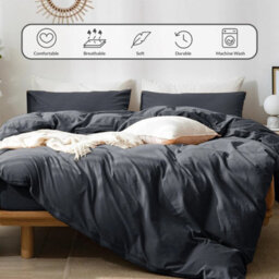 Ameha Plain Dyed Duvet Cover Complete Set With Matching Fitted Sheet & Pillowcase Microfiber Single Charcoal - thumbnail 9