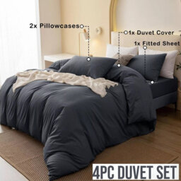 Ameha Plain Dyed Duvet Cover Complete Set With Matching Fitted Sheet & Pillowcase Microfiber Single Charcoal - thumbnail 1